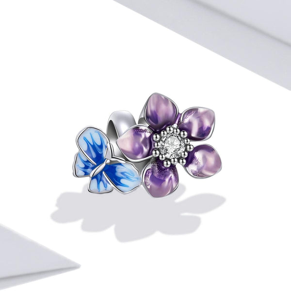 Blue Purple Butterly Flower Enamel Sterling Silver Zircon CZ Bead Charm Bracelet