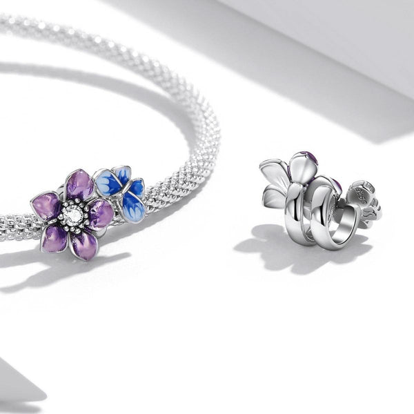 Blue Purple Butterly Flower Enamel Sterling Silver Zircon CZ Bead Charm Bracelet