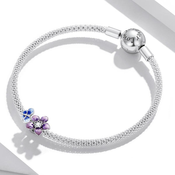 Blue Purple Butterly Flower Enamel Sterling Silver Zircon CZ Bead Charm Bracelet