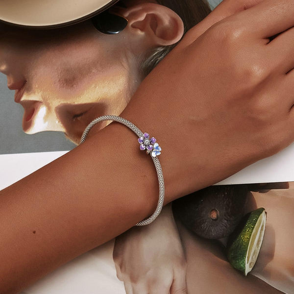 Blue Purple Butterly Flower Enamel Sterling Silver Zircon CZ Bead Charm Bracelet