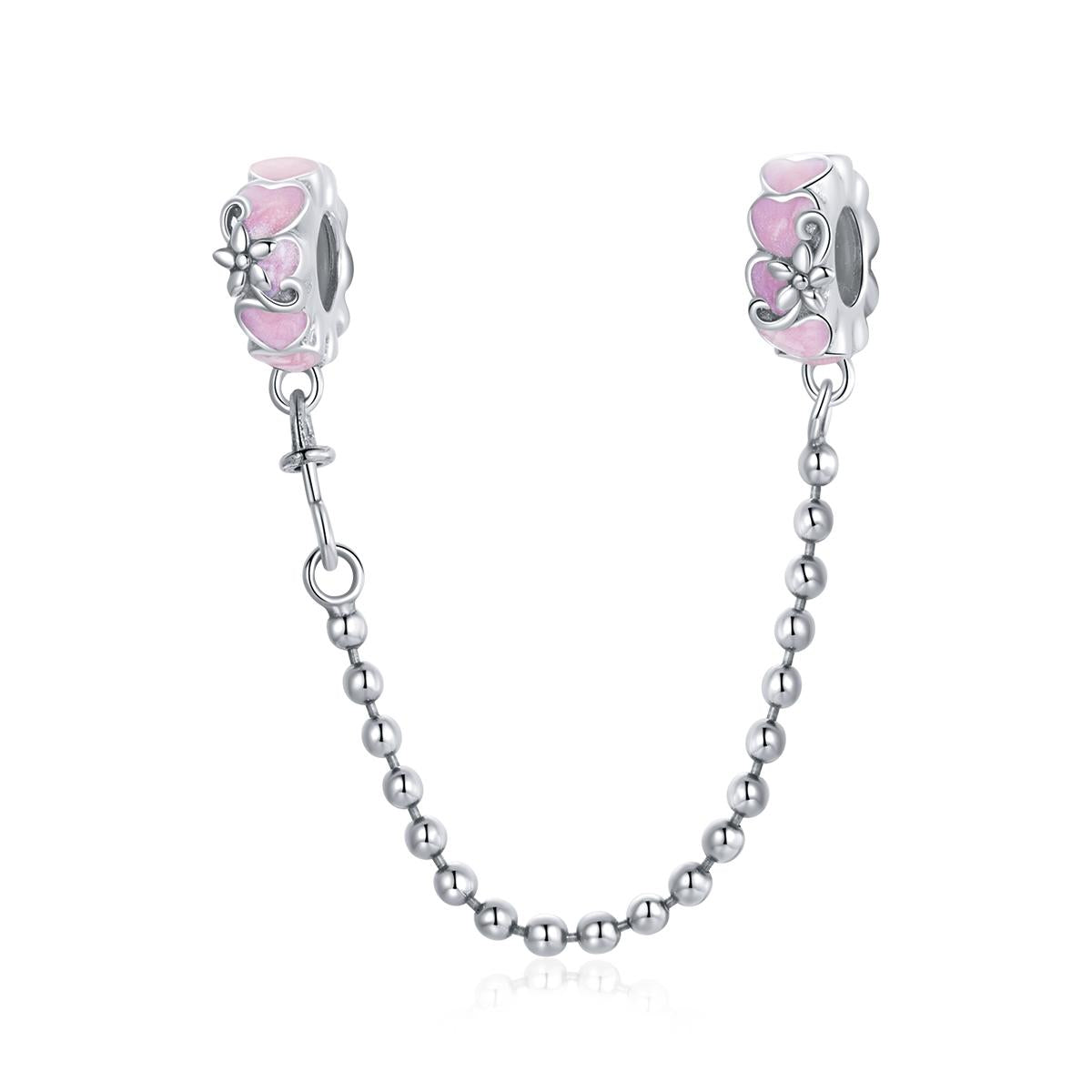 Floral Pink Hearts Enamel Sterling Silver Safety Chain For Bracelet