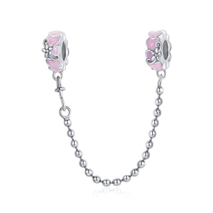 Floral Pink Hearts Enamel Sterling Silver Safety Chain For Bracelet