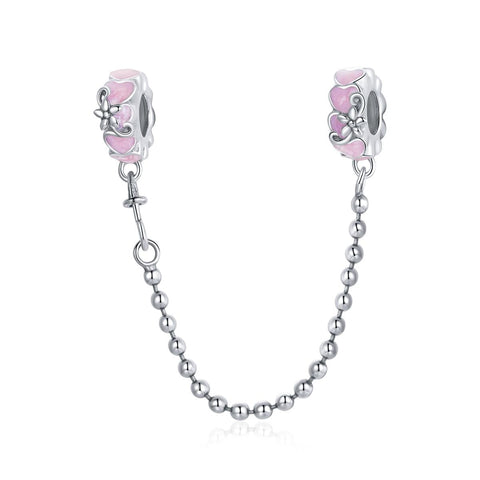 Floral Pink Hearts Enamel Sterling Silver Safety Chain For Bracelet