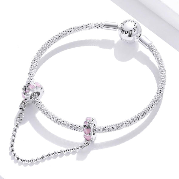 Floral Pink Hearts Enamel Sterling Silver Safety Chain For Bracelet