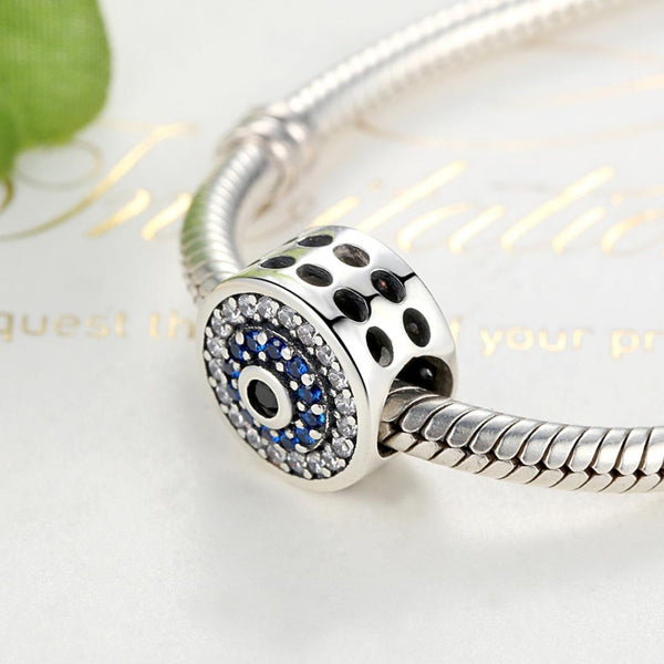 Blue Pave Circles Sterling Silver Zircon CZ Bead Charm Pendant Bracelet Necklace