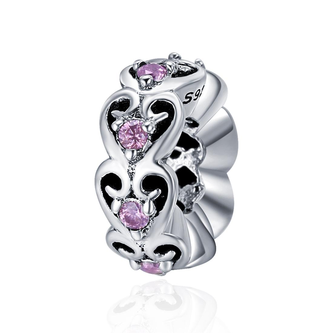 Pink Hearts Sterling Silver Zircon CZ Bead Charm Bracelet Necklace