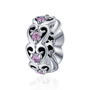 Pink Hearts Sterling Silver Zircon CZ Bead Charm Bracelet Necklace