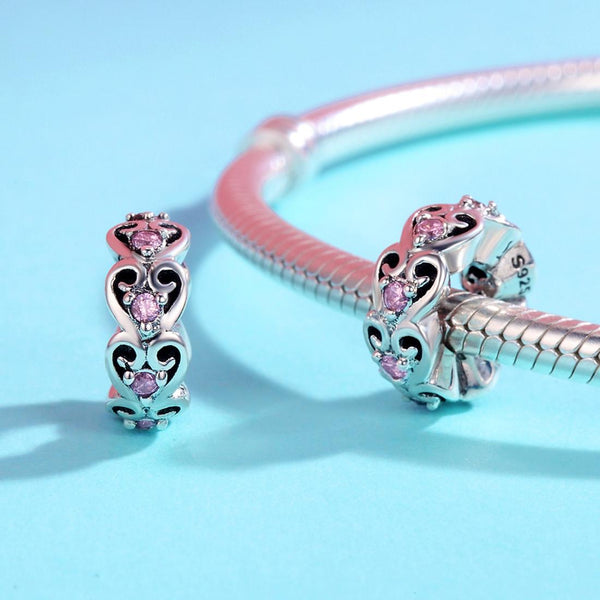 Pink Hearts Sterling Silver Zircon CZ Bead Charm Bracelet Necklace