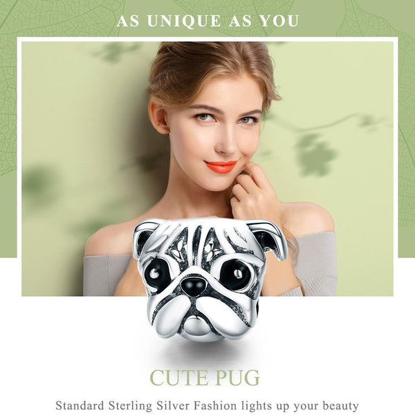 Pug Dog Enamel Sterling Silver Bead Charm Pendant Bracelet Necklace