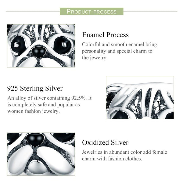 Pug Dog Enamel Sterling Silver Bead Charm Pendant Bracelet Necklace