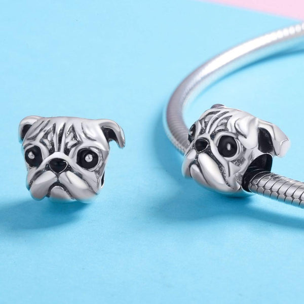 Pug Dog Enamel Sterling Silver Bead Charm Pendant Bracelet Necklace