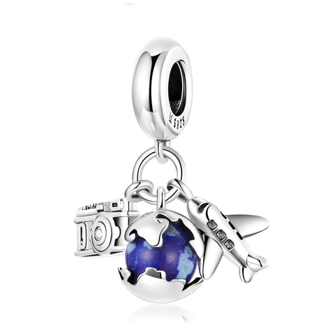 Globe Airplance Camera Travel Sterling Silver Zircon CZ Bead Charm Bracelet Necklace