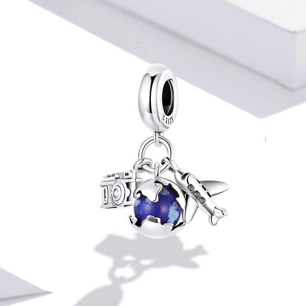 Globe Airplance Camera Travel Sterling Silver Zircon CZ Bead Charm Bracelet Necklace