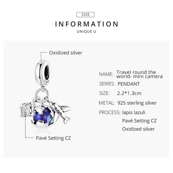 Globe Airplance Camera Travel Sterling Silver Zircon CZ Bead Charm Bracelet Necklace