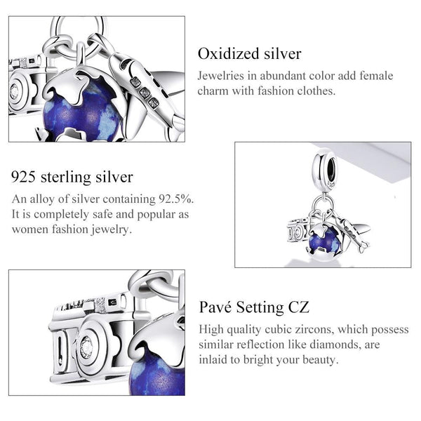 Globe Airplance Camera Travel Sterling Silver Zircon CZ Bead Charm Bracelet Necklace
