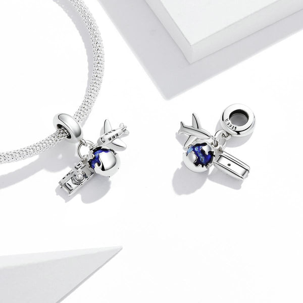 Globe Airplance Camera Travel Sterling Silver Zircon CZ Bead Charm Bracelet Necklace