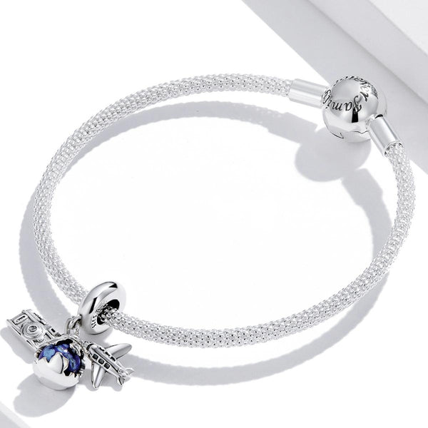Globe Airplance Camera Travel Sterling Silver Zircon CZ Bead Charm Bracelet Necklace