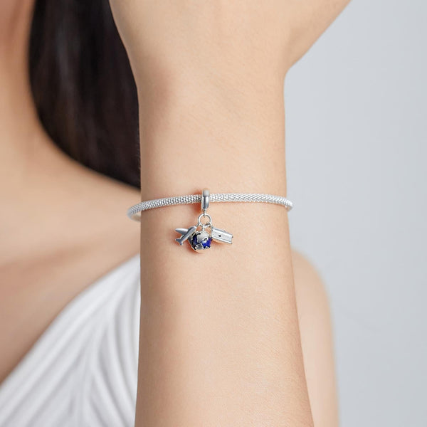 Globe Airplance Camera Travel Sterling Silver Zircon CZ Bead Charm Bracelet Necklace