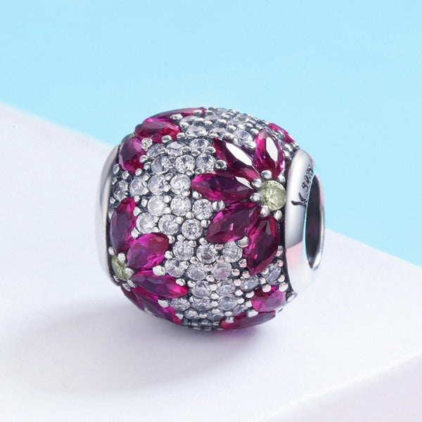 Purple Clear Pave Crystal Flower Floral Sterling Silver Spacer Bead Charm Bracelet