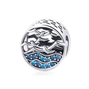 Seagull Waves Sterling Silver Zircon CZ Bead Charm Pendant Bracelet Necklace