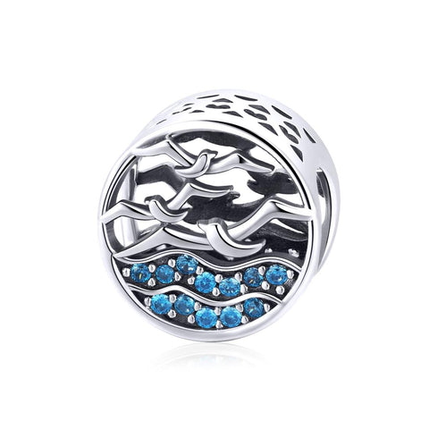 Seagull Waves Sterling Silver Zircon CZ Bead Charm Pendant Bracelet Necklace