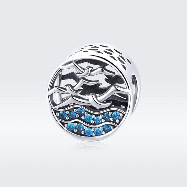 Seagull Waves Sterling Silver Zircon CZ Bead Charm Pendant Bracelet Necklace