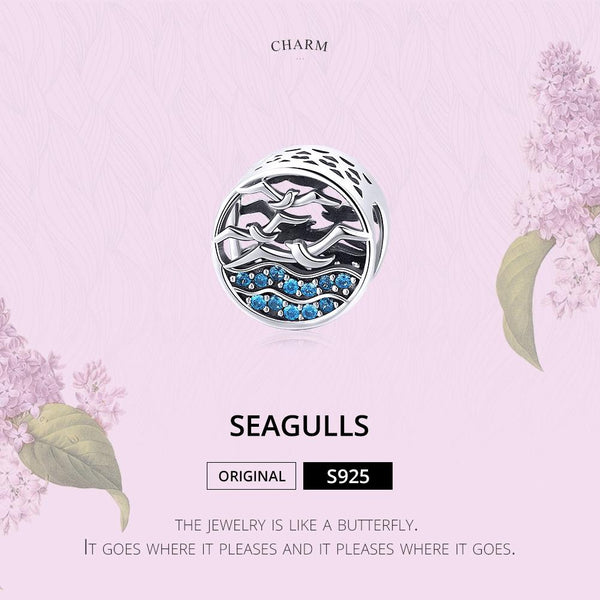 Seagull Waves Sterling Silver Zircon CZ Bead Charm Pendant Bracelet Necklace