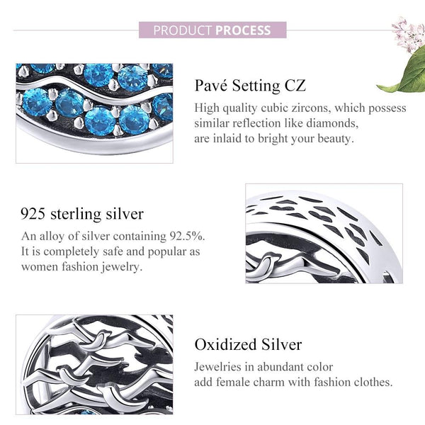 Seagull Waves Sterling Silver Zircon CZ Bead Charm Pendant Bracelet Necklace