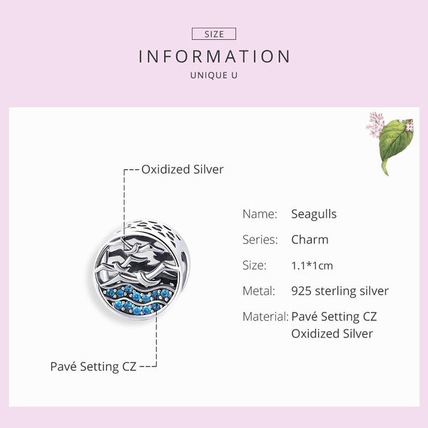 Seagull Waves Sterling Silver Zircon CZ Bead Charm Pendant Bracelet Necklace