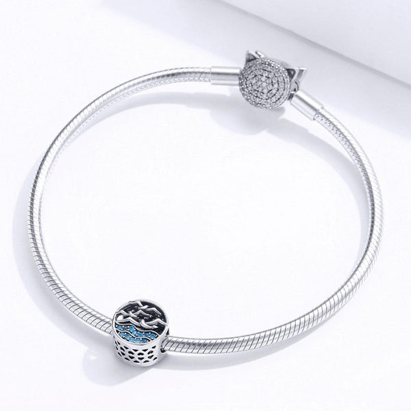 Seagull Waves Sterling Silver Zircon CZ Bead Charm Pendant Bracelet Necklace