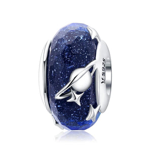 Galaxy Stars Planets Blue Glass Sterling Silver Bead Charm Bracelet Necklace