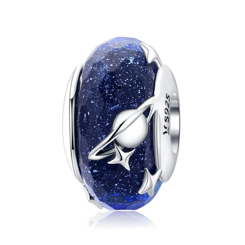 Galaxy Stars Planets Blue Glass Sterling Silver Bead Charm Bracelet Necklace