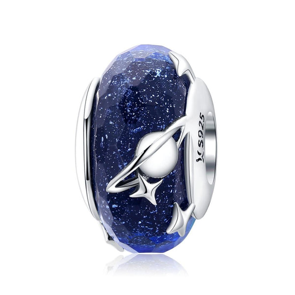 Galaxy Stars Planets Blue Glass Sterling Silver Bead Charm Bracelet Necklace