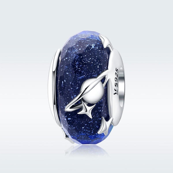 Galaxy Stars Planets Blue Glass Sterling Silver Bead Charm Bracelet Necklace