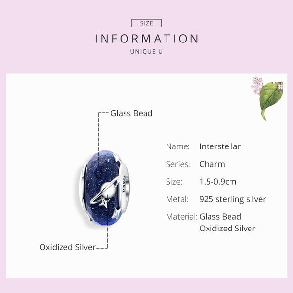 Galaxy Stars Planets Blue Glass Sterling Silver Bead Charm Bracelet Necklace