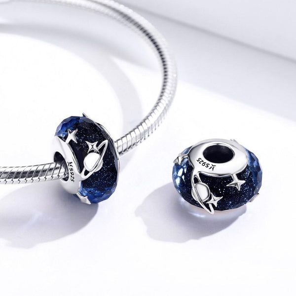 Galaxy Stars Planets Blue Glass Sterling Silver Bead Charm Bracelet Necklace