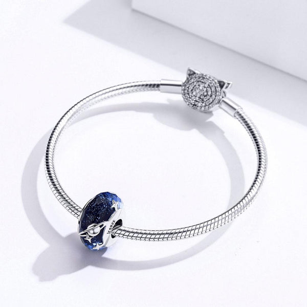Galaxy Stars Planets Blue Glass Sterling Silver Bead Charm Bracelet Necklace