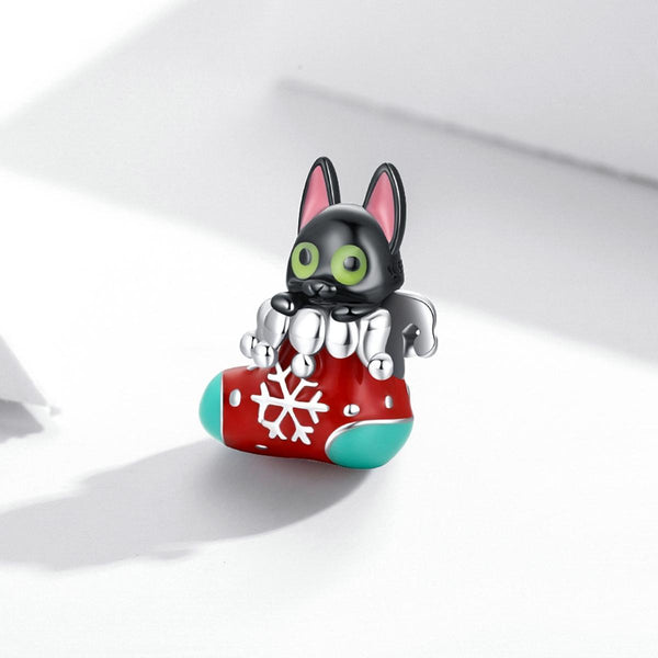 Christmas Stocking Cat Dog Enamel Sterling Silver Bead Charm Bracelet Necklace