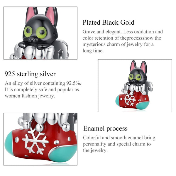 Christmas Stocking Cat Dog Enamel Sterling Silver Bead Charm Bracelet Necklace