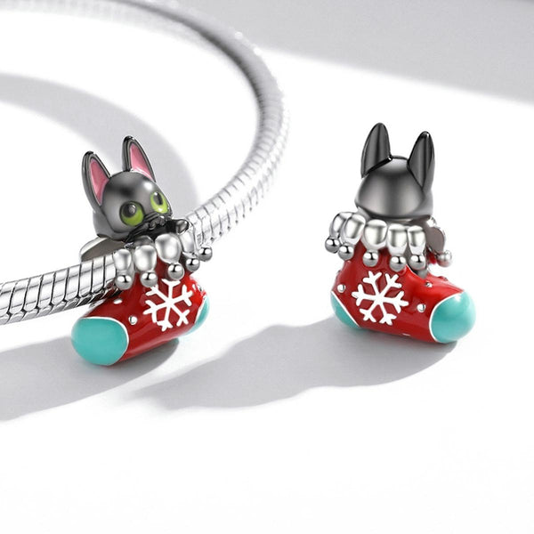 Christmas Stocking Cat Dog Enamel Sterling Silver Bead Charm Bracelet Necklace