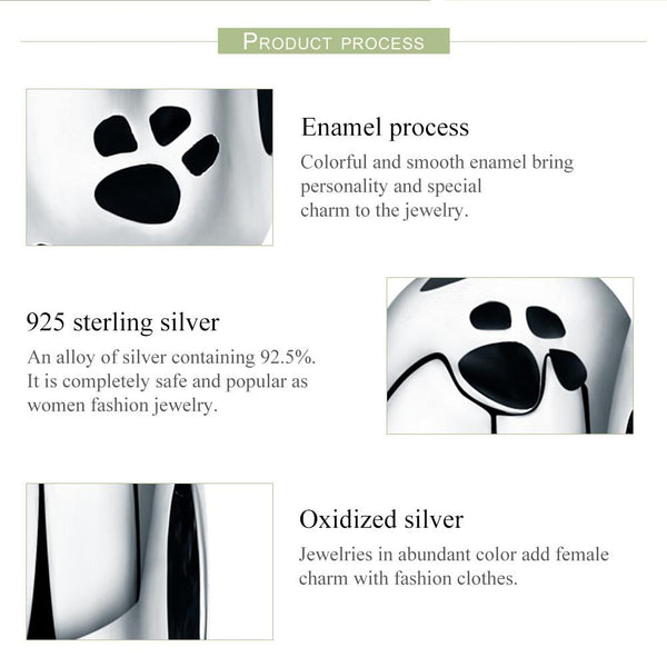 Dog Cat Pet Paw Prints Enamel Sterling Silver Spacer Bead Charm Bracelet Necklace
