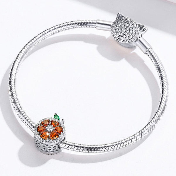 Orange Enamel Sterling Silver Zircon CZ Bead Charm Bracelet Necklace