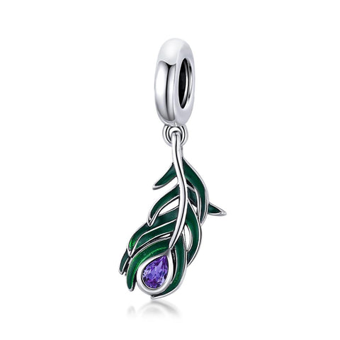Peacock Feather Enamel Sterling Silver Zircon CZ Bead Charm Bracelet Necklace
