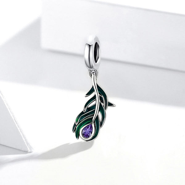 Peacock Feather Enamel Sterling Silver Zircon CZ Bead Charm Bracelet Necklace
