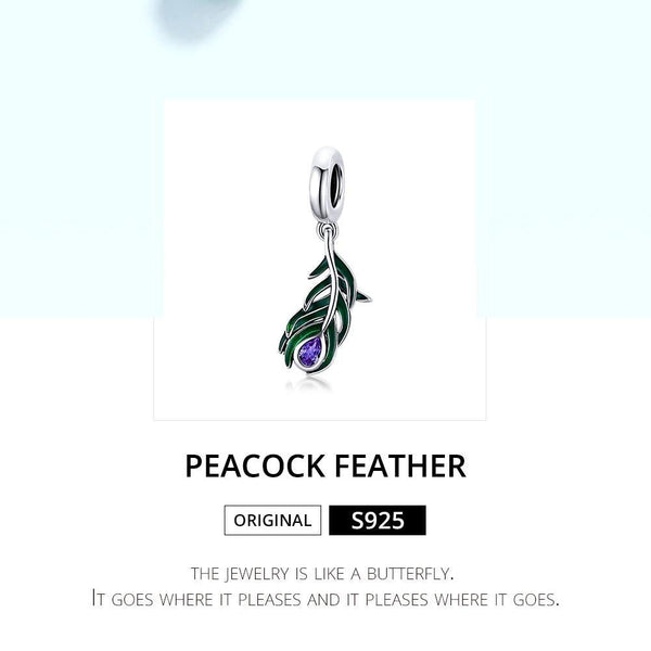 Peacock Feather Enamel Sterling Silver Zircon CZ Bead Charm Bracelet Necklace