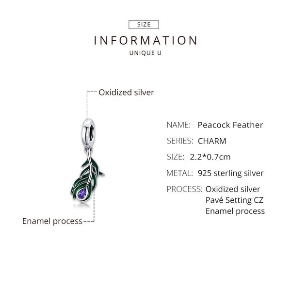 Peacock Feather Enamel Sterling Silver Zircon CZ Bead Charm Bracelet Necklace