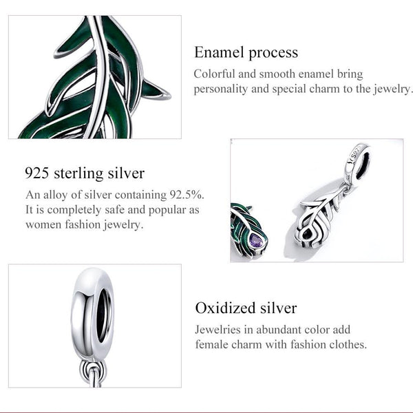 Peacock Feather Enamel Sterling Silver Zircon CZ Bead Charm Bracelet Necklace