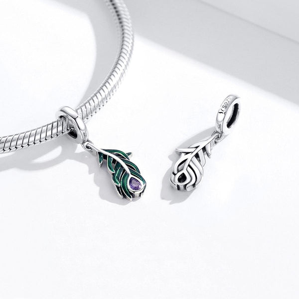 Peacock Feather Enamel Sterling Silver Zircon CZ Bead Charm Bracelet Necklace