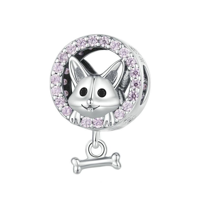 Corgi Puppy Sterling Silver Zircon CZ Bead Charm Bracelet Necklace Pendant