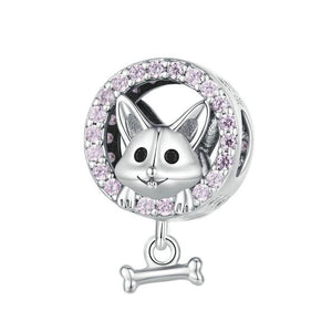 Corgi Puppy Sterling Silver Zircon CZ Bead Charm Bracelet Necklace Pendant